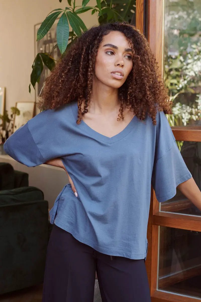 Ella Blue Over Sized V Neck T-Shirt by Jeetly.com