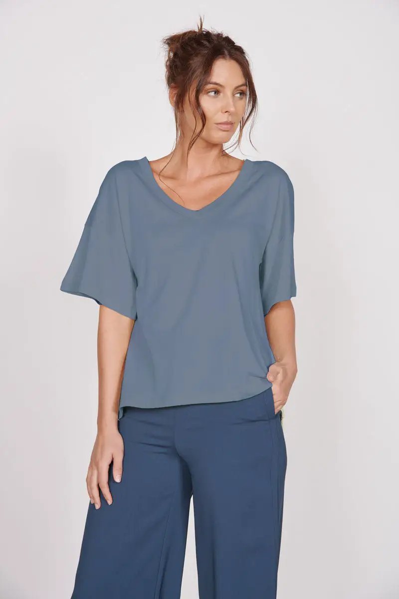 Ella Blue Over Sized V Neck T-Shirt by Jeetly.com