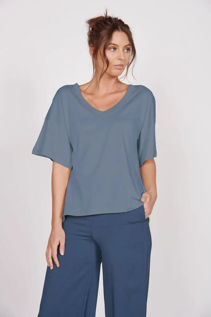 Ella Blue Over Sized V Neck T-Shirt by Jeetly.com