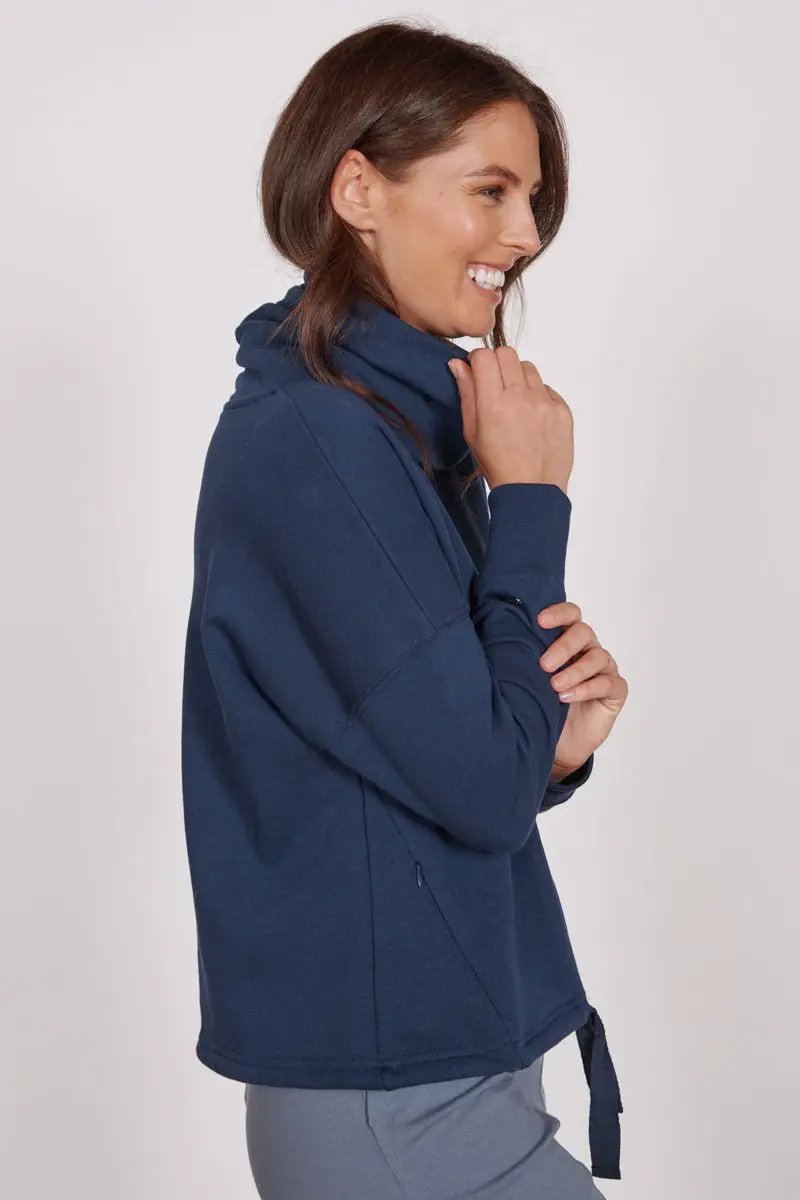Evelyn Navy Cowl Neck Pullover Top by Jeetly.com