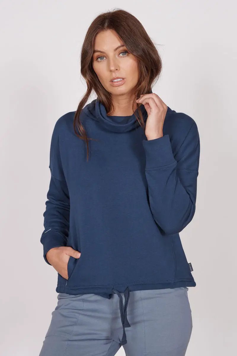 Evelyn Navy Cowl Neck Pullover Top by Jeetly.com