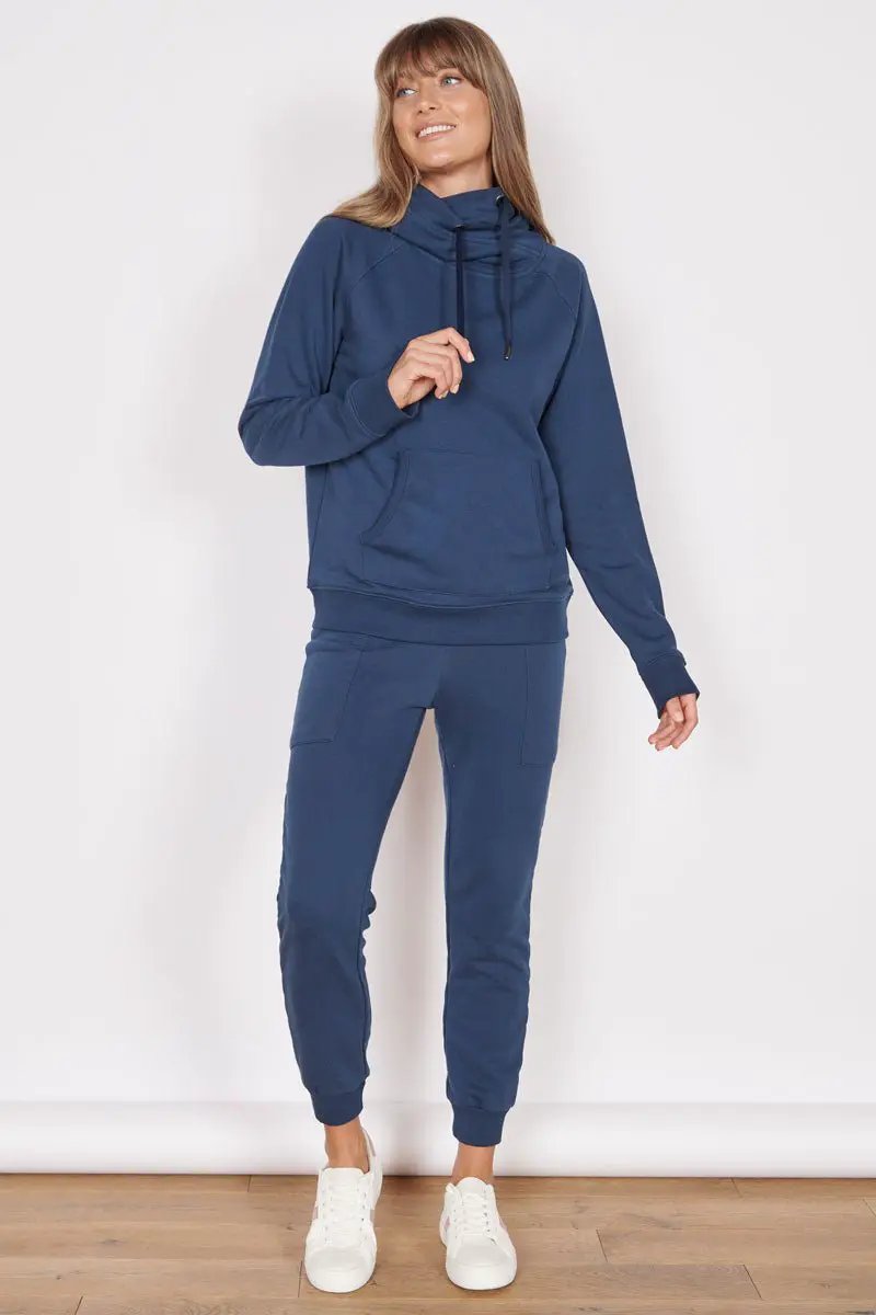 Lacey Navy Loungewear Cross Neck Hoodie by Jeetly.com