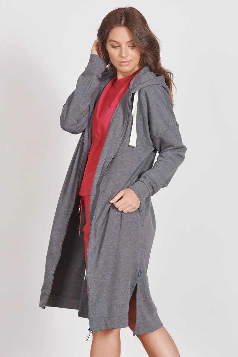 Lottie Grey Marl Loungewear Longline Zip Through Hooded Sweater by Jeetly.com