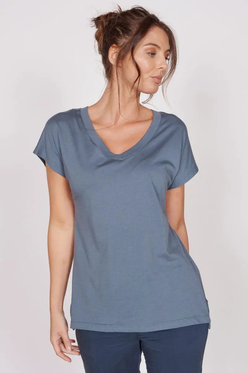 Phoebe Blue Sleeveless V Neck Top by Jeetly.com