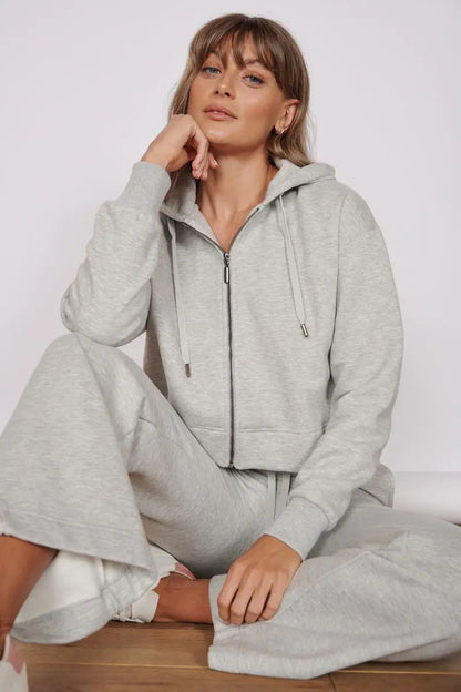 Rosa Light Grey Zip Through Cropped Hoodie by Jeetly.com