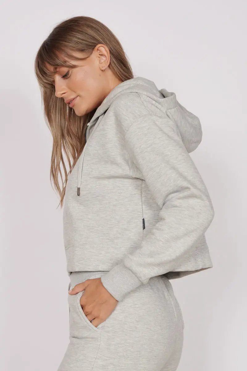 Rosa Light Grey Zip Through Cropped Hoodie by Jeetly.com
