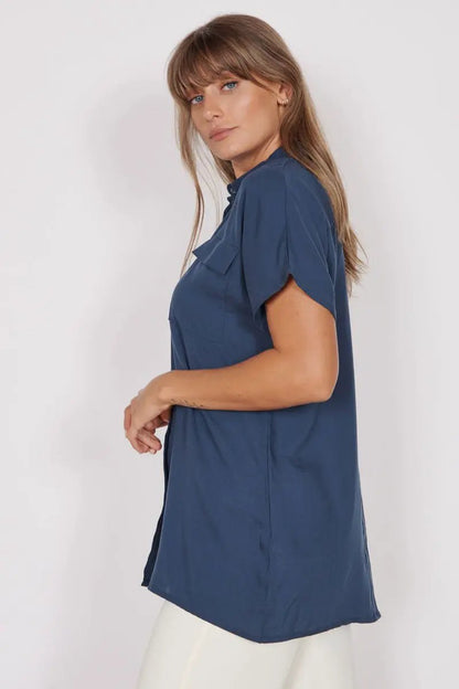 Thalia Navy Short Sleeve Utility Shirt by Jeetly.com