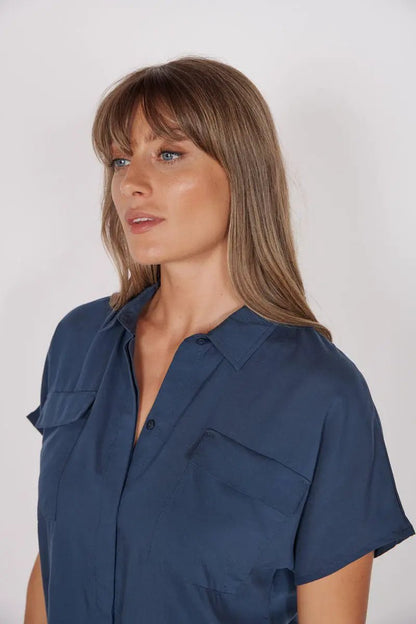 Thalia Navy Short Sleeve Utility Shirt by Jeetly.com