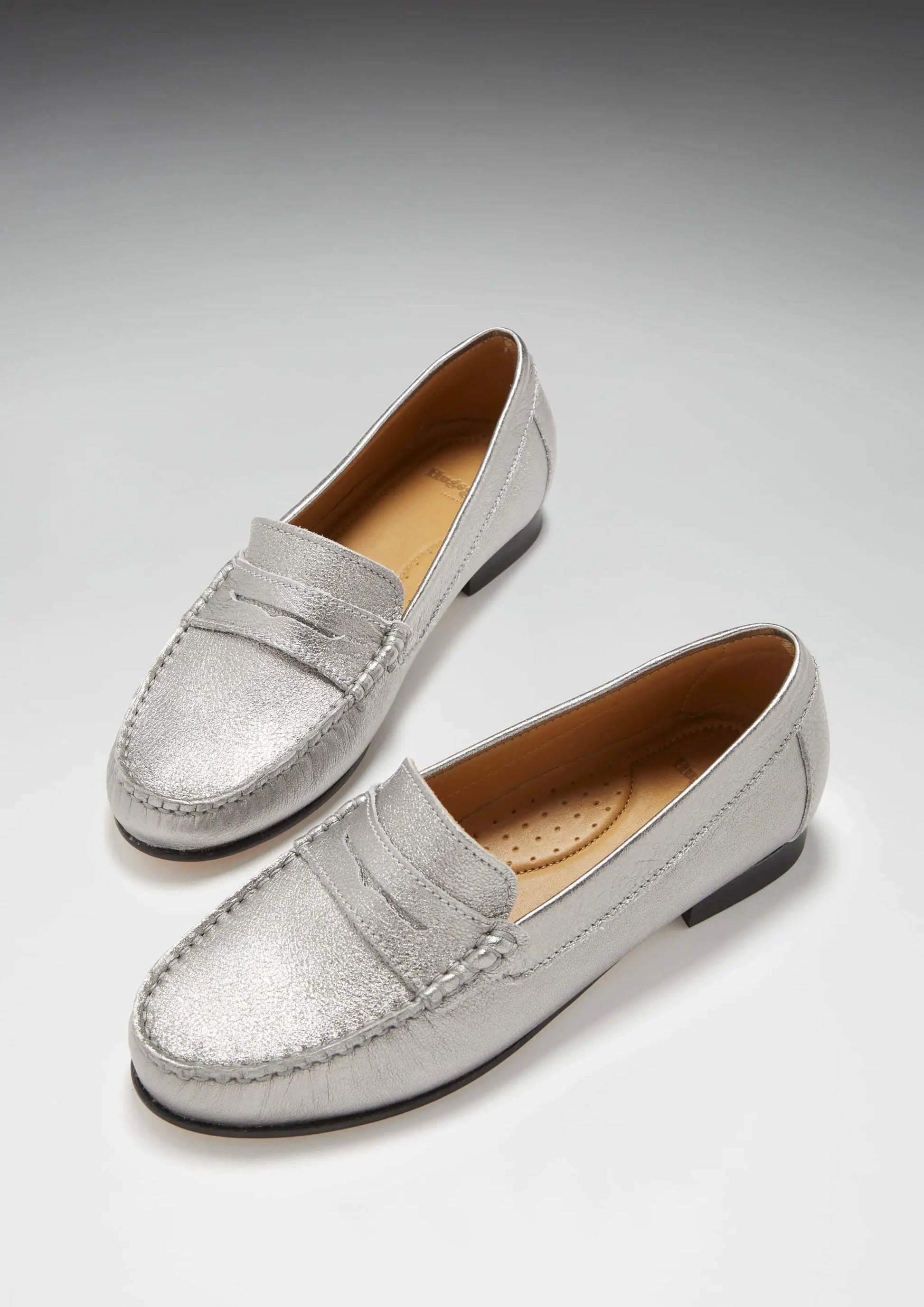 Women's Penny Loafers Leather Sole, titanium metallic leather by Hugs & Co.