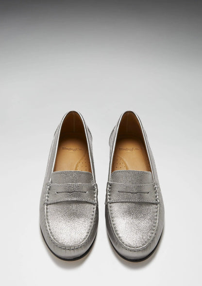 Women's Penny Loafers Leather Sole, titanium metallic leather by Hugs & Co.