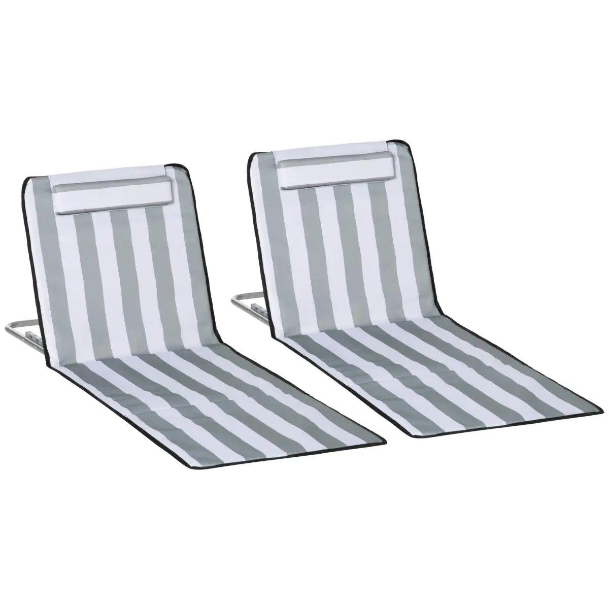 Outsunny 2 Pieces Outdoor Beach Mat Steel Reclining Chair Set w/ Pillow Grey by Outsunny