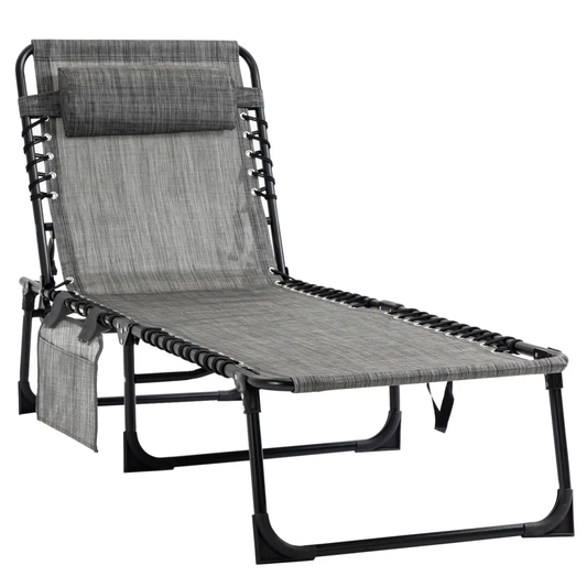 Portable Sun Lounger, Folding Camping Adjustable , Pillow Grey by Outsunny