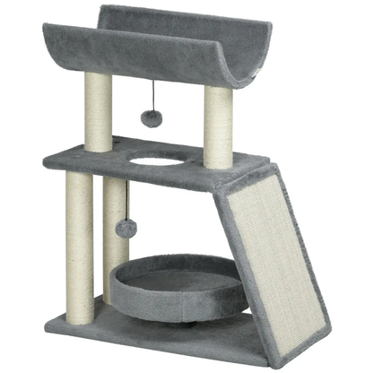 Cat Tree Tower for Indoor Cats w/ Scratching Posts, Pad, Light Grey, Toy Ball by PawHut