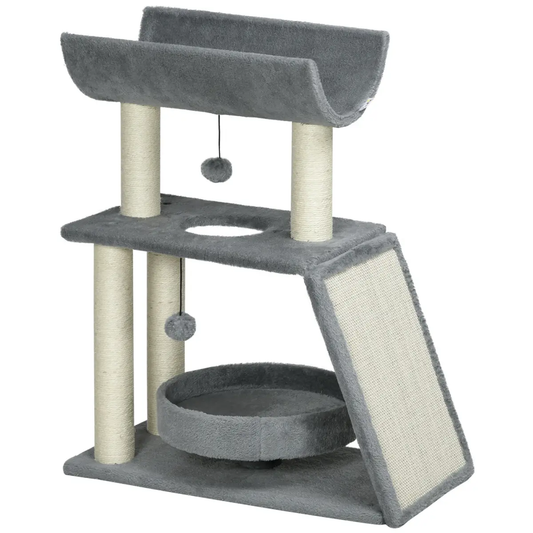 Cat Tree Tower for Indoor Cats w/ Scratching Posts, Pad, Light Grey, Toy Ball by PawHut