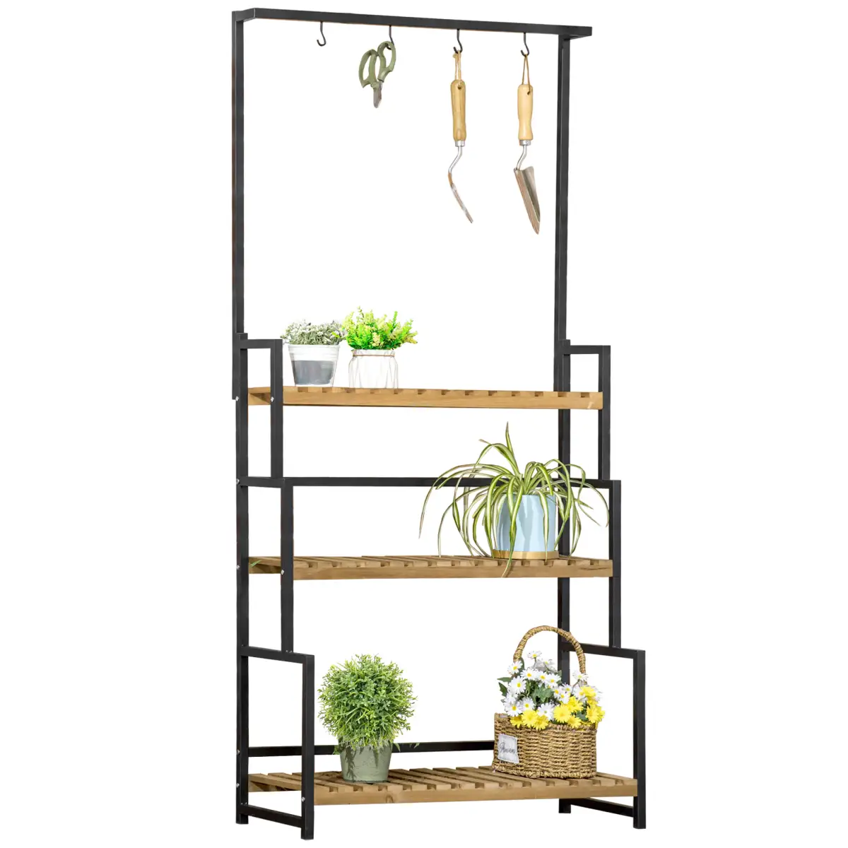 3 Tiered Plant Stand Rack with Hanging Hooks for Indoor Outdoor Decoration by Outsunny