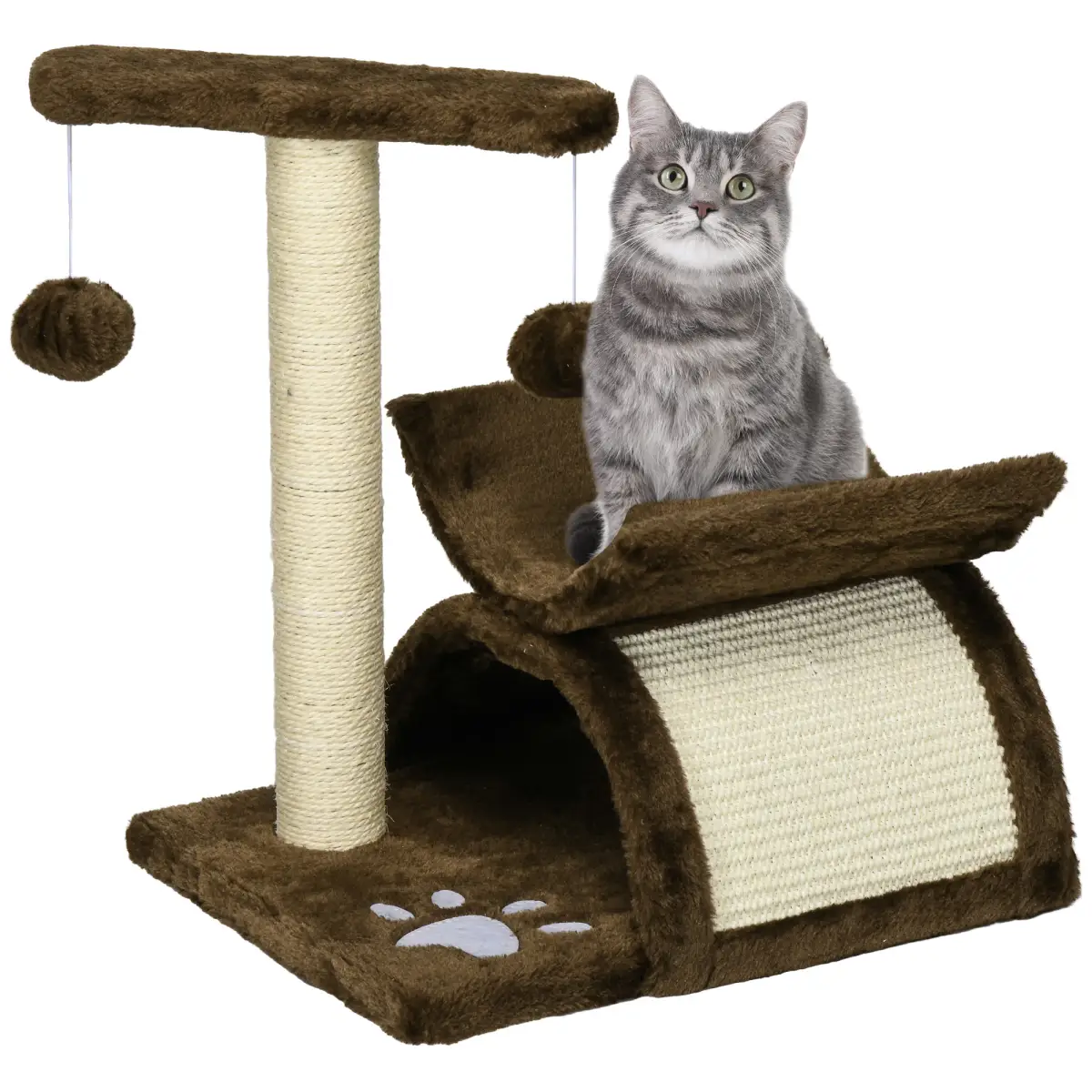 Cat Tree Plush Scratcher Kitty Activity Play Center Top Bar Tunnel Dangling Ball by Pawhut