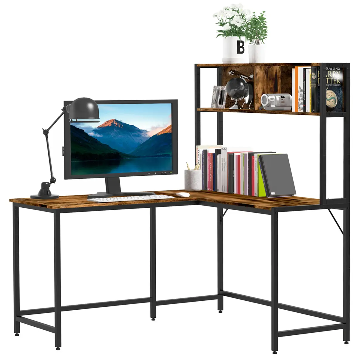 149x140x125cm Industrial L-Shaped Desk w Shelf - Brown & Black by HOMCOM
