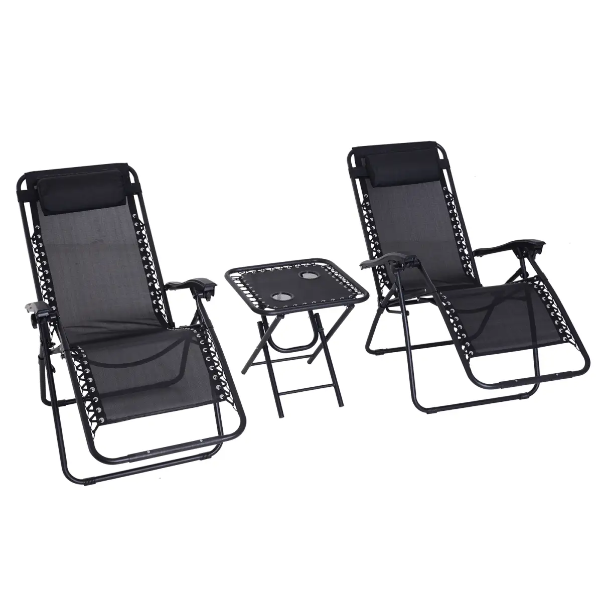3PC Zero Gravity Chairs Sun Lounger Table Set w/ Cup Holders, Black Outsunny by Unbranded