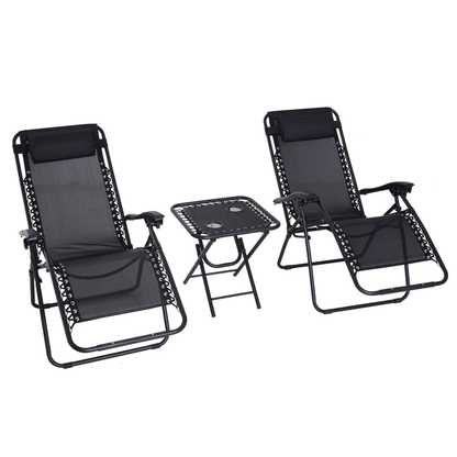 3PC Zero Gravity Chairs Sun Lounger Table Set w/ Cup Holders, Black Outsunny by Unbranded