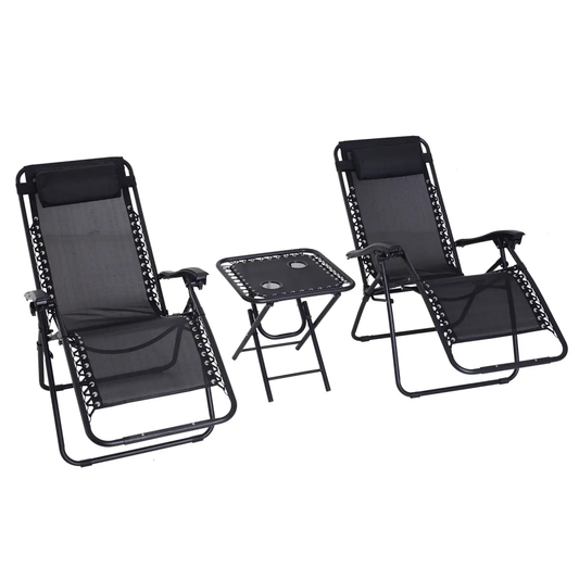 3PC Zero Gravity Chairs Sun Lounger Table Set w/ Cup Holders, Black Outsunny by Unbranded
