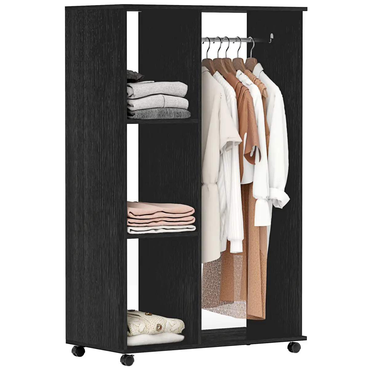 Rolling Open Wardrobe Hanging Rail Storage Shelves for Clothes, Black by HOMCOM