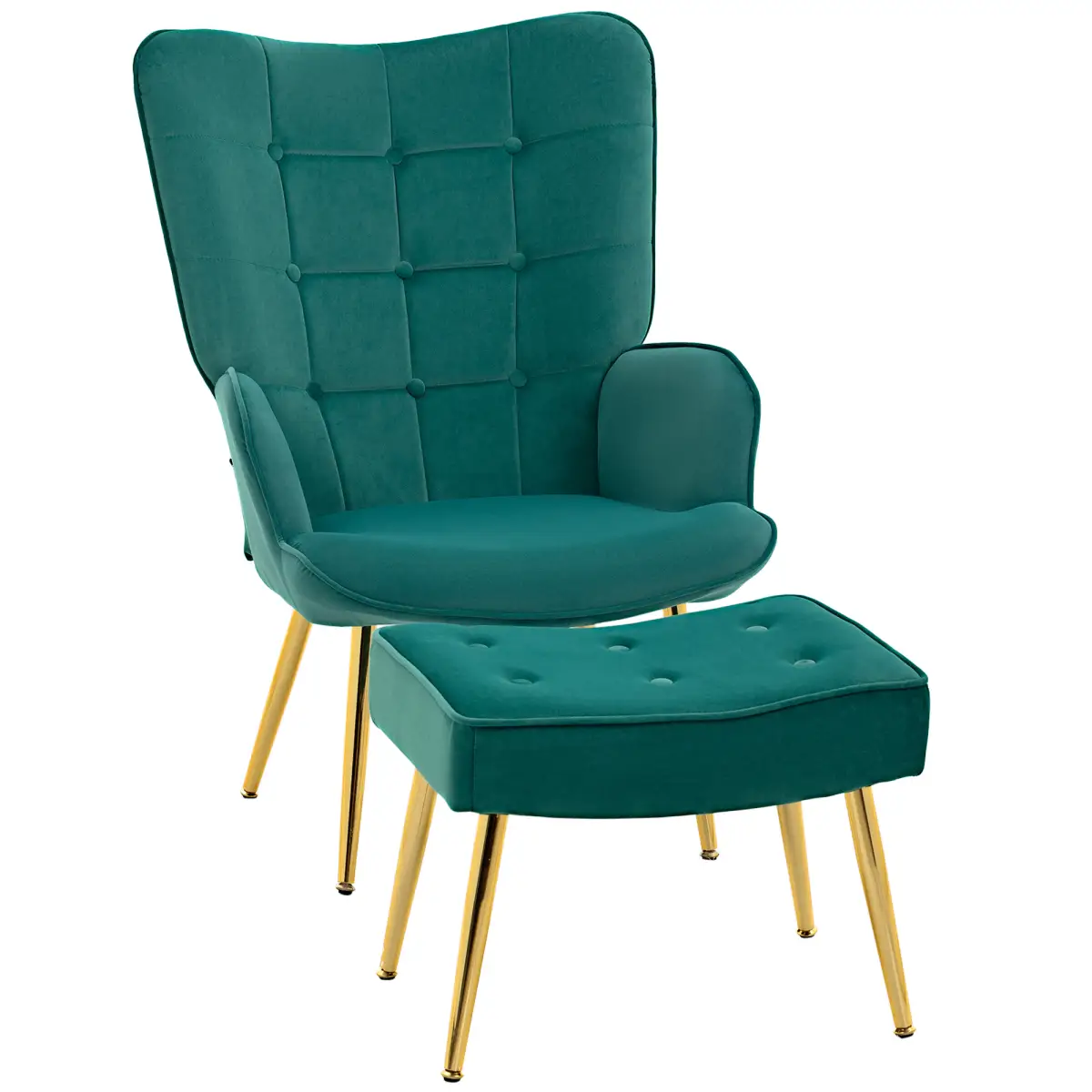 HOMCOM Button Tufted Armchair with Footstool and Gold Tone Steel Legs Dark Green by HOMCOM
