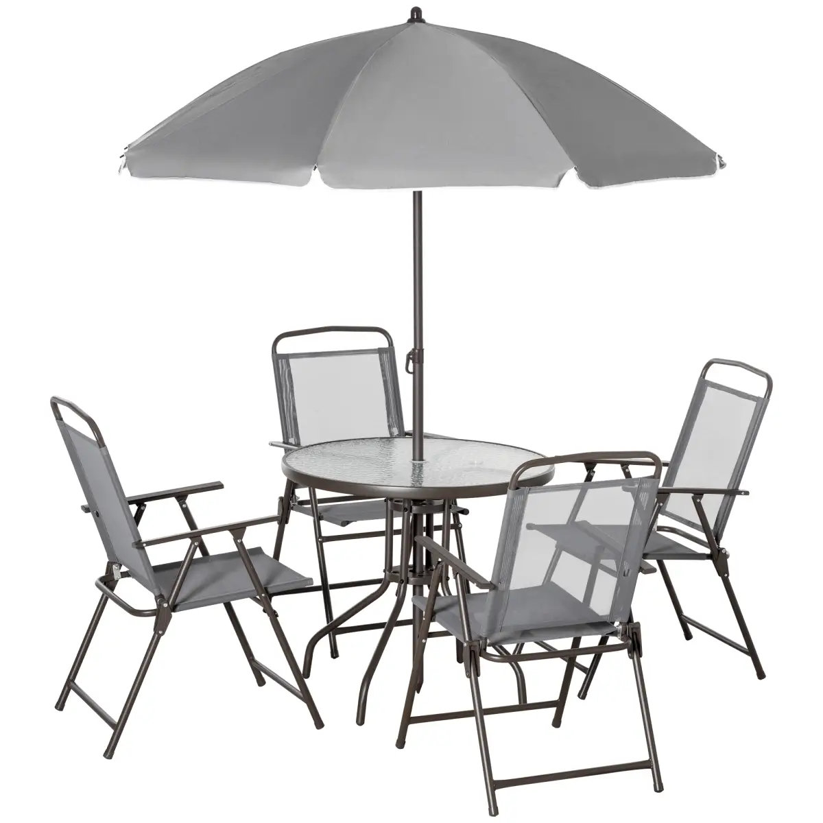 6Pc Patio Dining Set with Umbrella, 4 Folding Chairs Glass Table by Outsunny