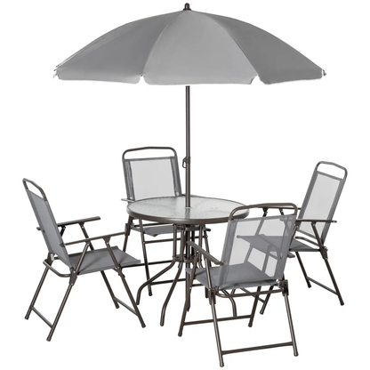 6Pc Patio Dining Set with Umbrella, 4 Folding Chairs Glass Table by Outsunny