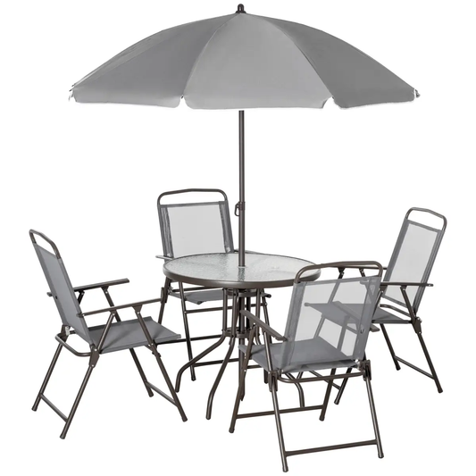 6Pc Patio Dining Set with Umbrella, 4 Folding Chairs Glass Table by Outsunny