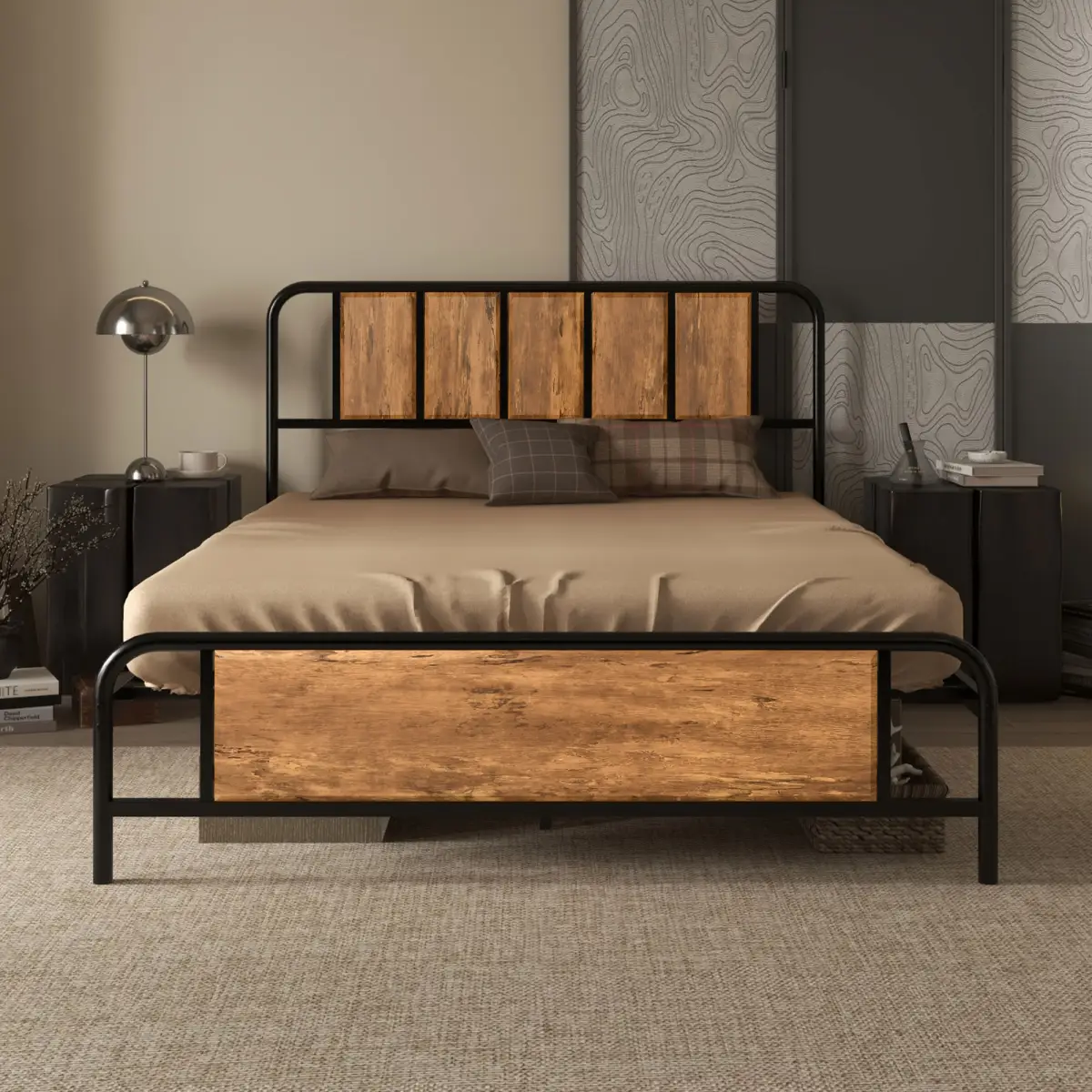 Double Bed Frame Steel Bed Base with Headboard 145 x 199cm Brown by HOMCOM