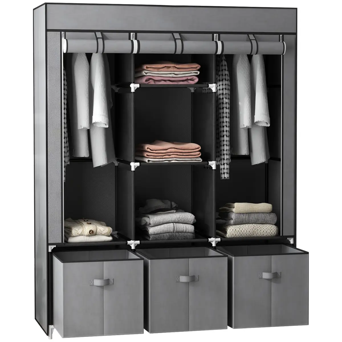 HOMCOM Portable Wardrobe w/ 5 Shelves 3 Fabric Drawers and 2 Hanging Rails Grey by HOMCOM