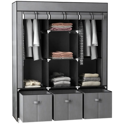 HOMCOM Portable Wardrobe w/ 5 Shelves 3 Fabric Drawers and 2 Hanging Rails Grey by HOMCOM