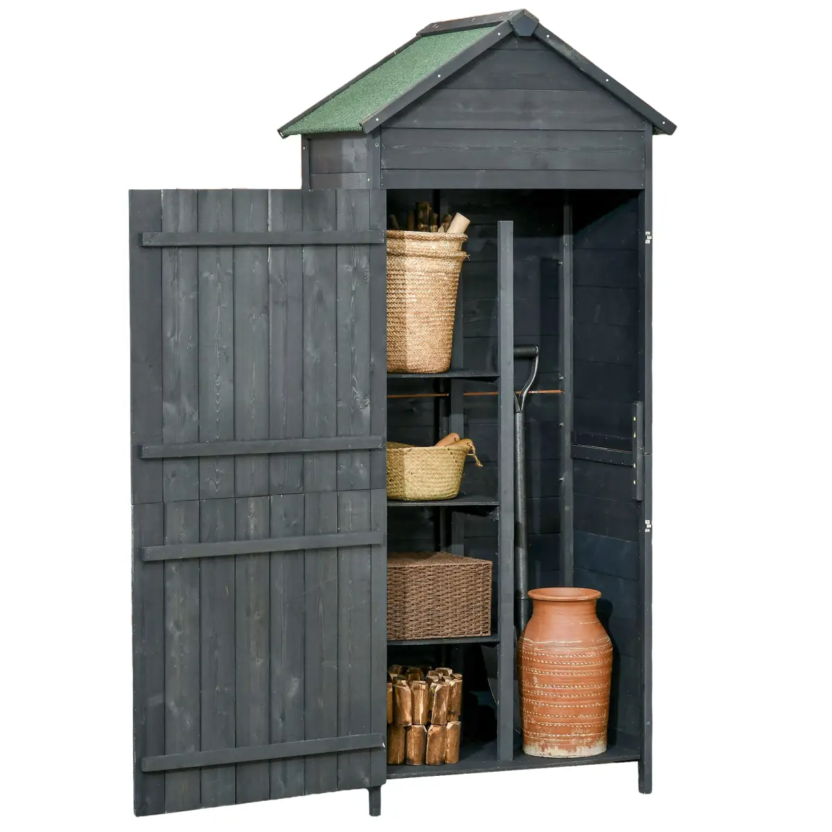 Outsunny Wooden Garden Shed Outdoor Shelves Utility Tool Storage Cabinet Grey by Outsunny