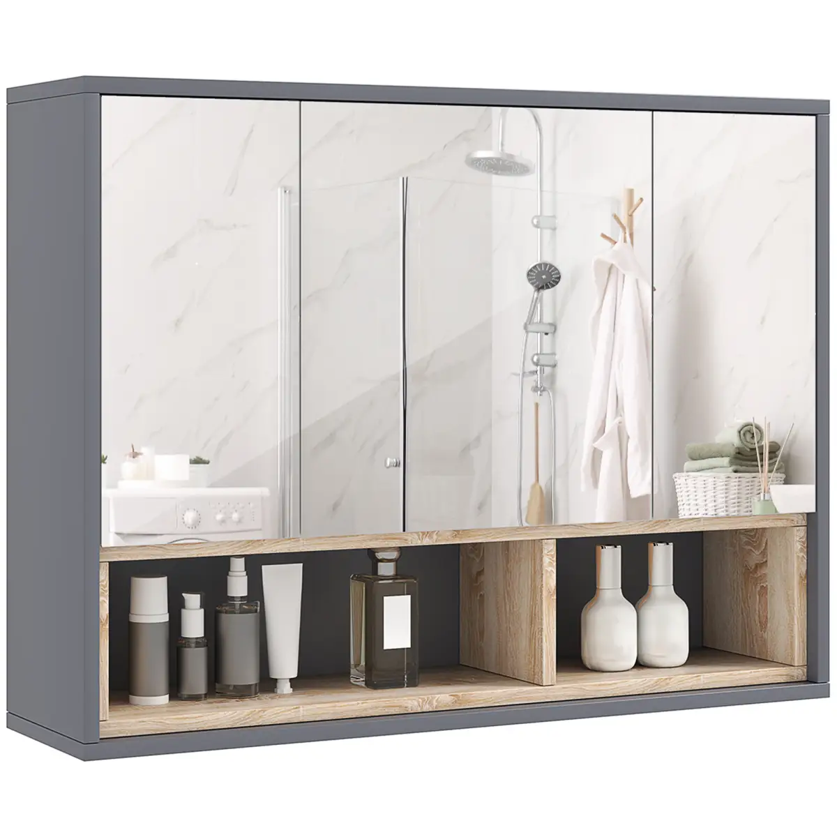 HOMCOM Bathroom Cabinet Wall Mounted Mirror Storage with Shelves Grey by HOMCOM