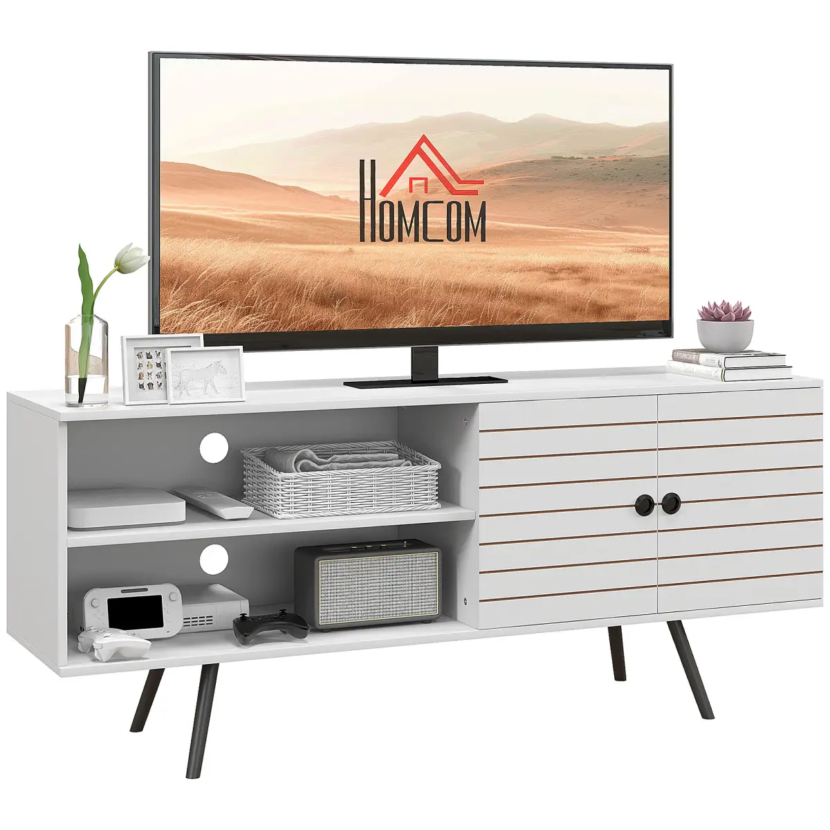HOMCOM TV Unit for 65" TVs with 2 Open Shelves, Door and 2 Cable Holes, White by HOMCOM