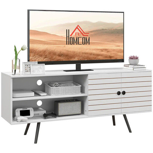 HOMCOM TV Unit for 65" TVs with 2 Open Shelves, Door and 2 Cable Holes, White by HOMCOM