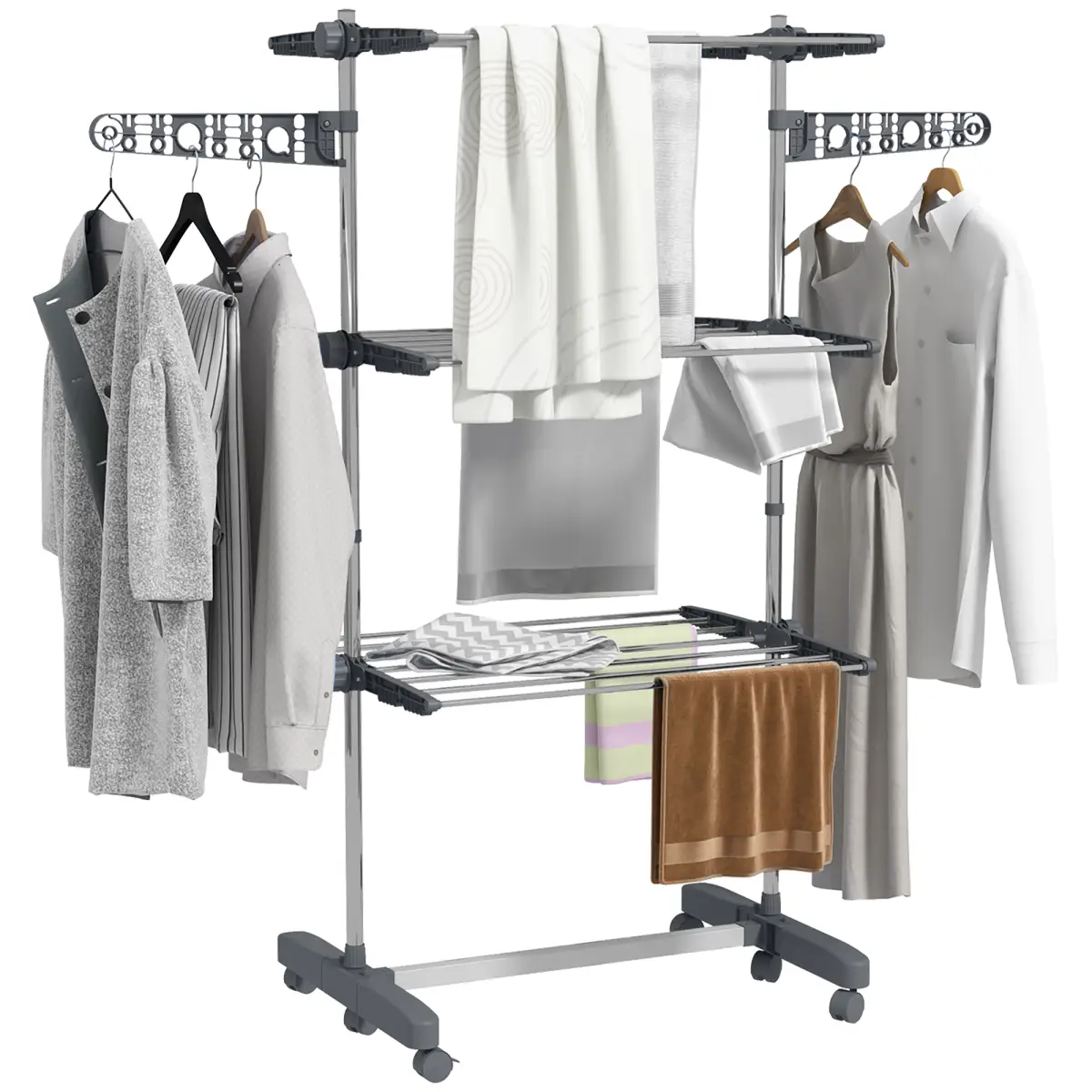 HOMCOM 3-Tier Large Clothes Airer Stainless Steel Clothes Drying Rack Grey by HOMCOM