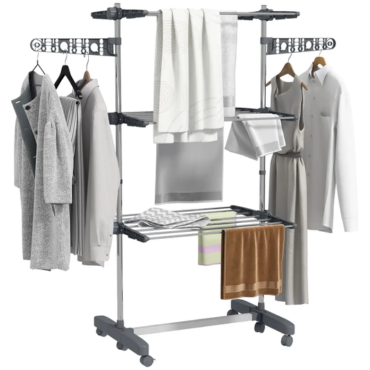 HOMCOM 3-Tier Large Clothes Airer Stainless Steel Clothes Drying Rack Grey by HOMCOM