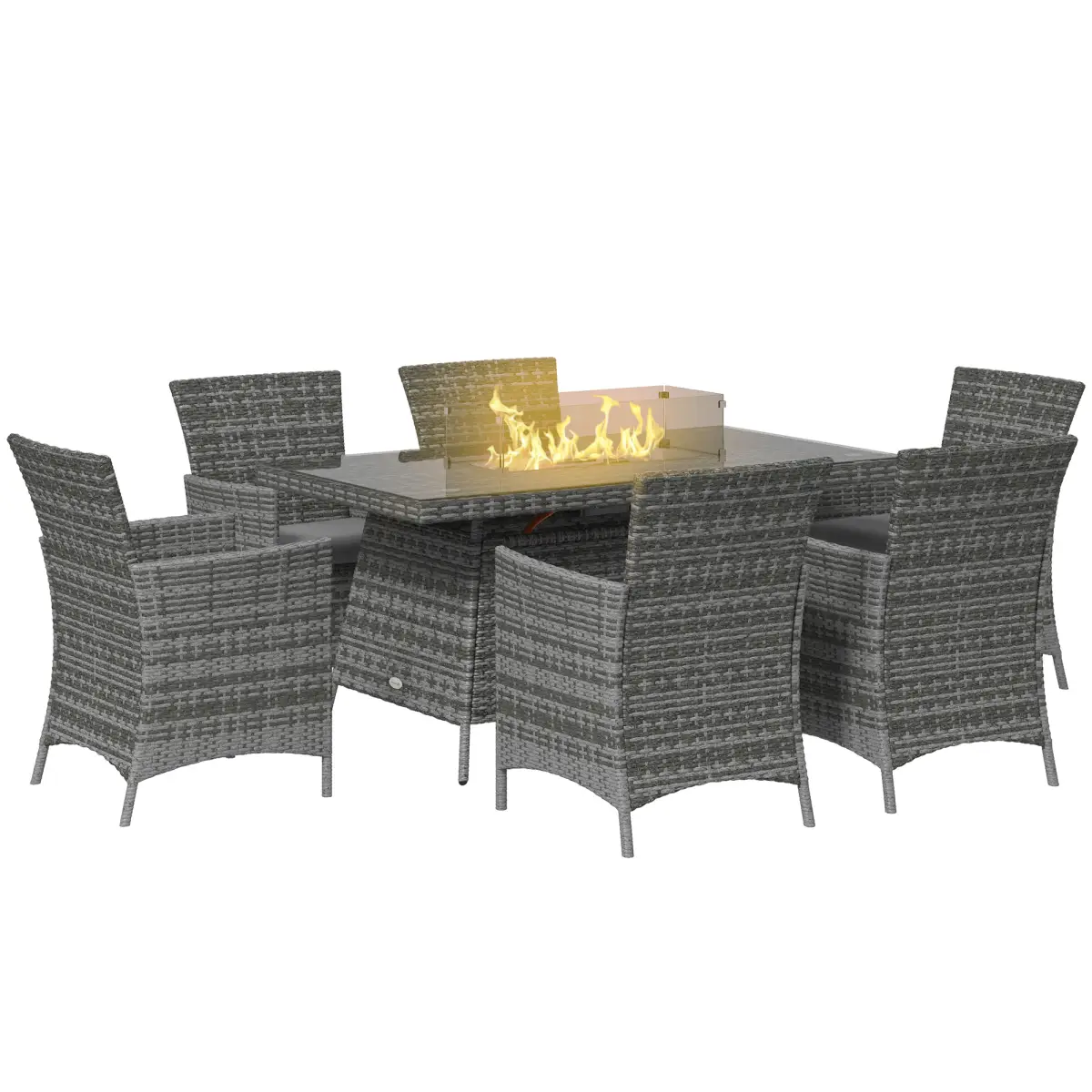 Outsunny PE Rattan Dining Set with Fire Pit Table and Cushioned Armchairs, Grey by Outsunny