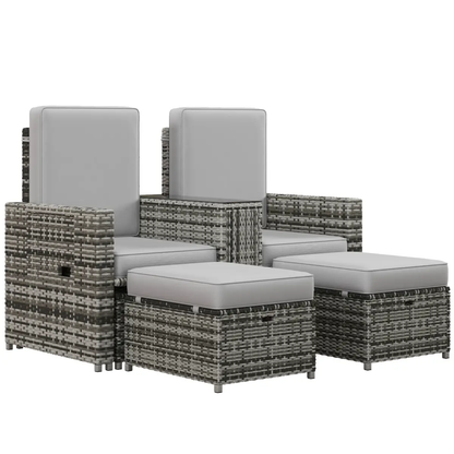 Outsunny Recliner Rattan Sun Lounger w/ Storage Tea Table & Footstools, Grey by Outsunny