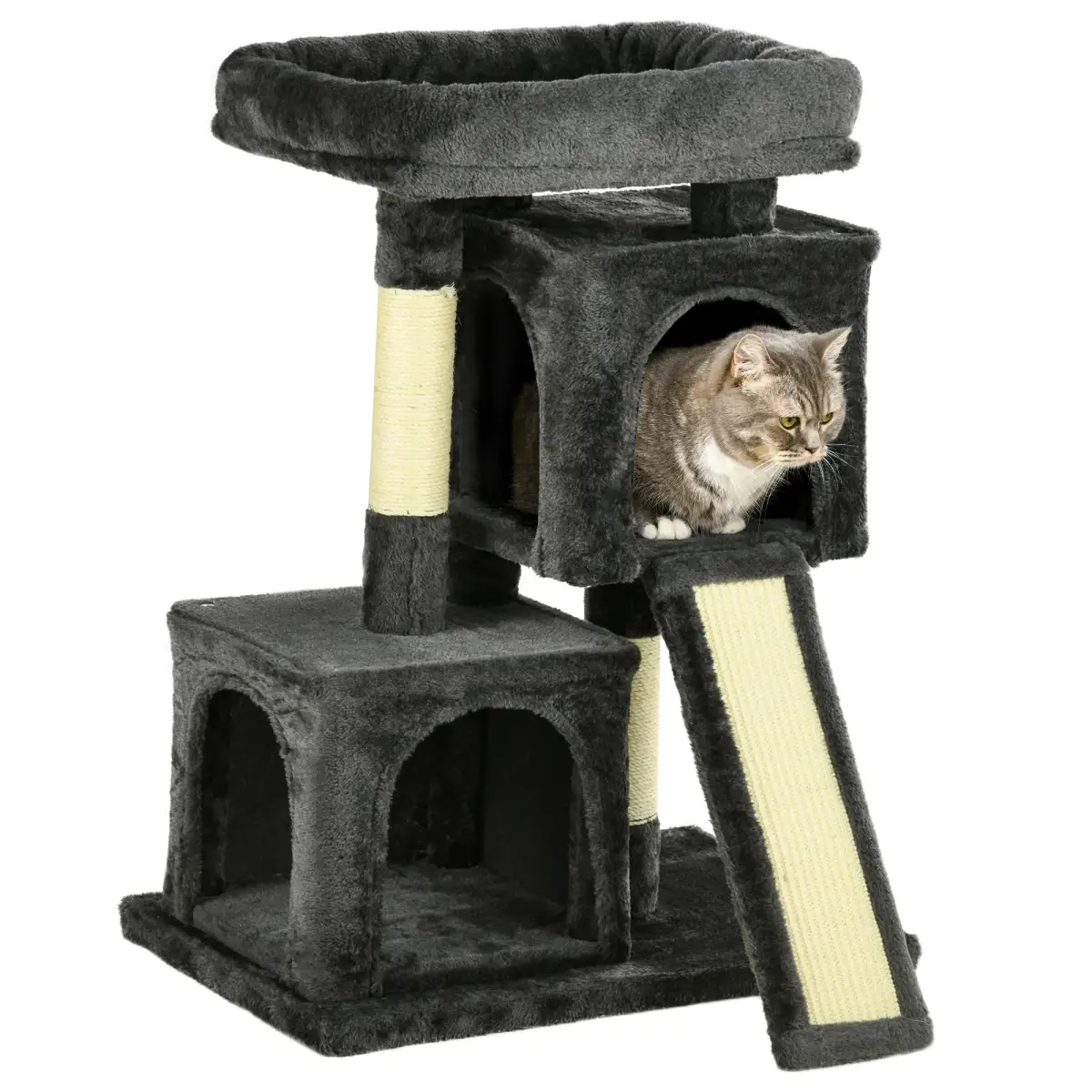 Cat Rest & Play Activity Tree w/ 2 House Perch Scratching Post Black Pawhut by Unbranded
