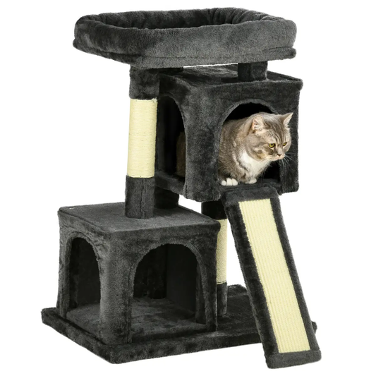 Cat Rest & Play Activity Tree w/ 2 House Perch Scratching Post Black Pawhut by Unbranded
