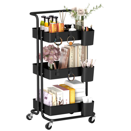 3-Tier Utility Cart, Serving Trolley with Mesh Baskets Removable Boxes, Black by Unbranded