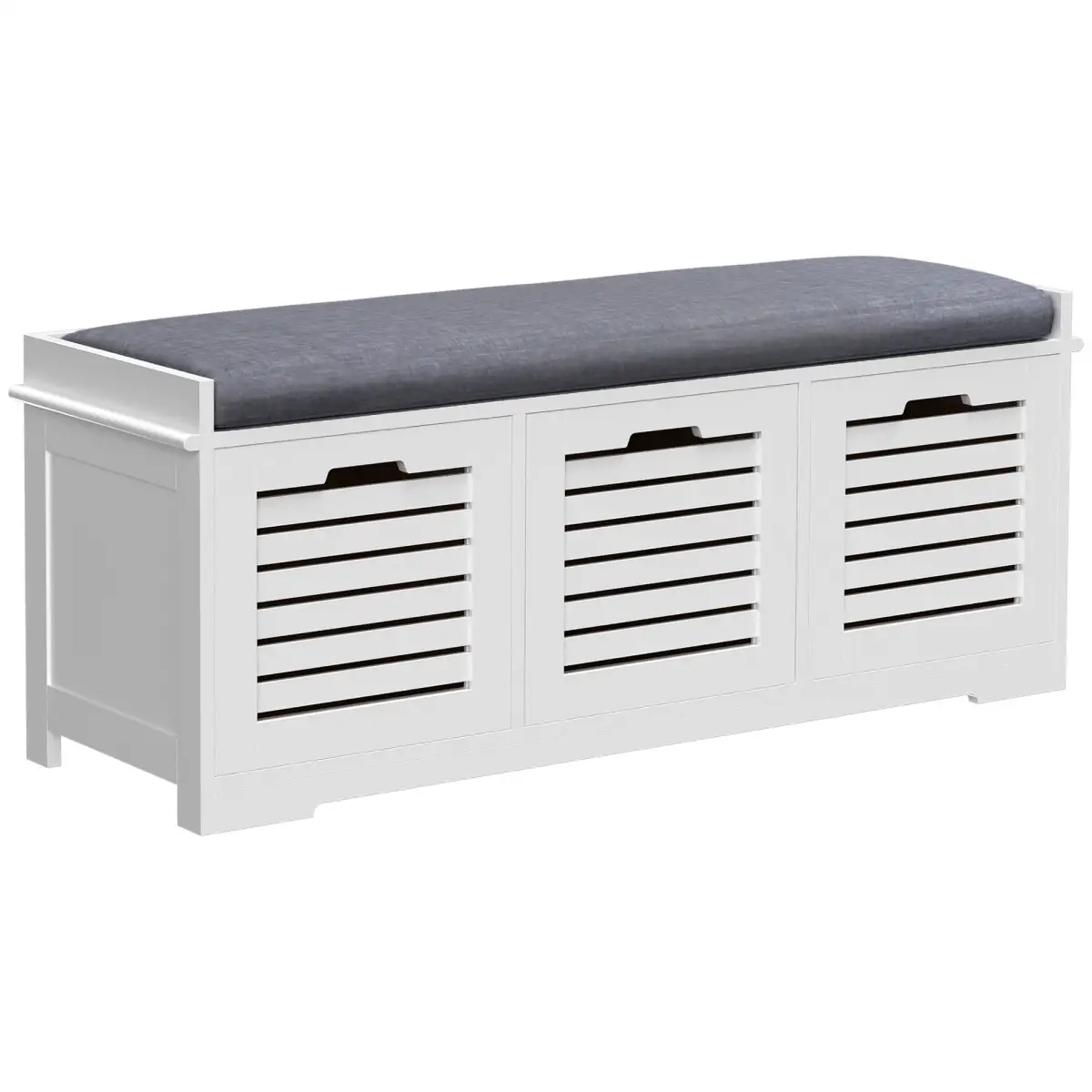 HOMCOM 3-Door Shoe Storage Bench Cushion Seat Slatted Doors Elevated Base White by HOMCOM