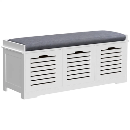 HOMCOM 3-Door Shoe Storage Bench Cushion Seat Slatted Doors Elevated Base White by HOMCOM