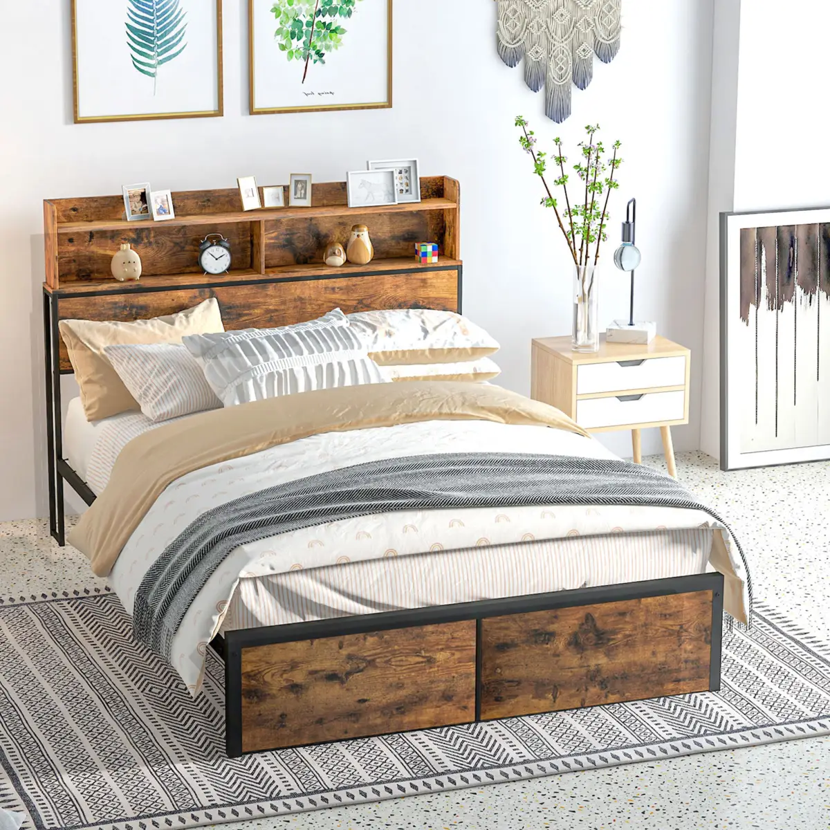 HOMCOM 4.8FT Double Bed Frame with Storage Headboard and Under Bed Storage by HOMCOM