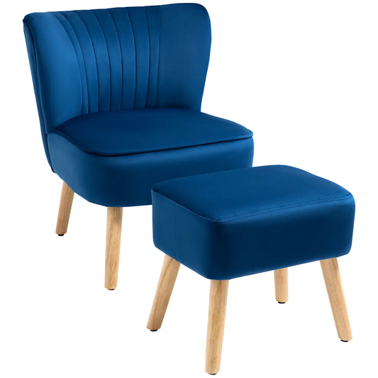 Velvet-Feel Accent Chair w/ Ottoman Tub Seat Padding Wood Legs Dark Blue by HOMCOM