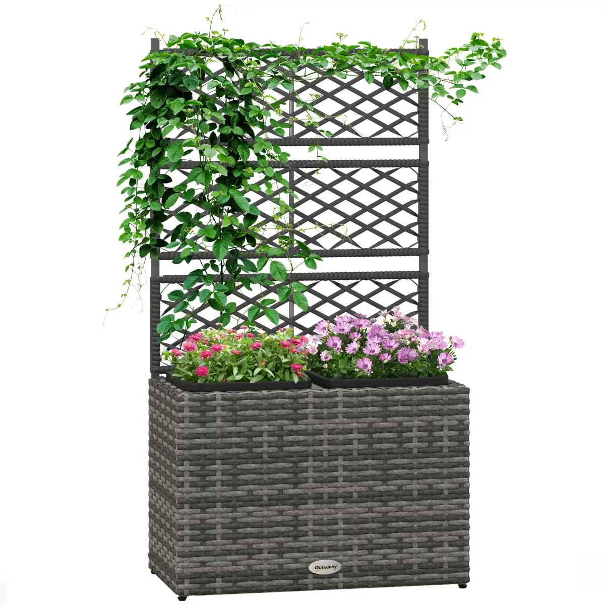 Outsunny Garden PE Rattan Planter Box with Trellis Flower Raised Bed 57x30x107cm by Outsunny