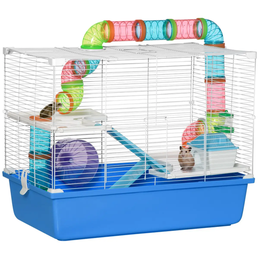 Hamster Cage Rodents House w/ Tubes Exercise Wheel, Water Bottle - Blue by Pawhut