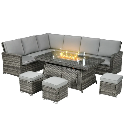 Outsunny 7 Pieces Rattan Garden Furniture Set w/ 50,000 BTU Gas Fire Pit Table by Outsunny